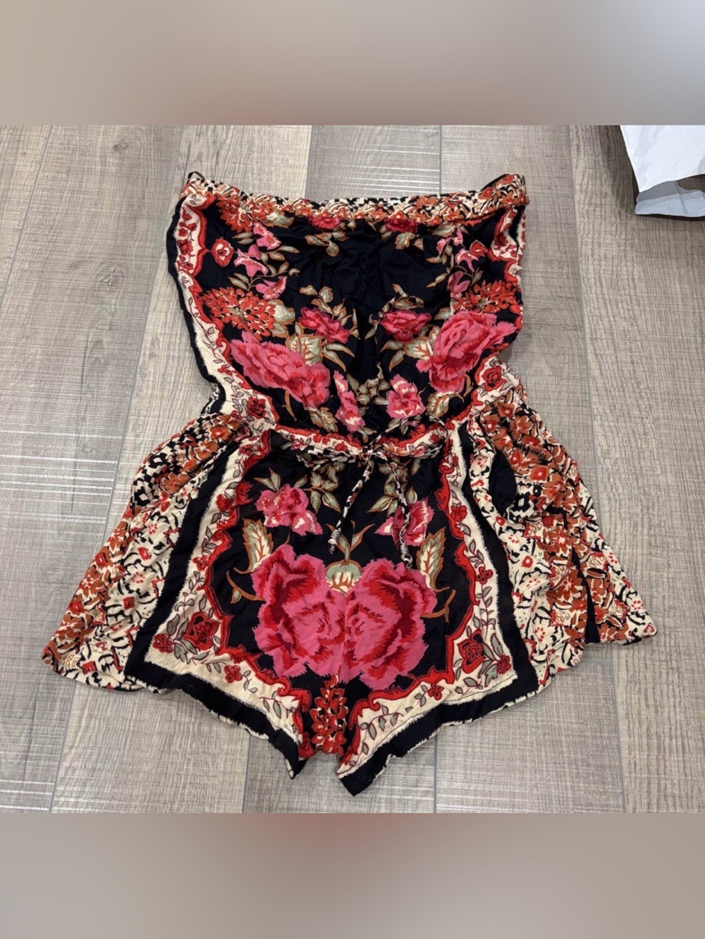 Angie Black Strapless Floral Romper with Pink & Tan Accents